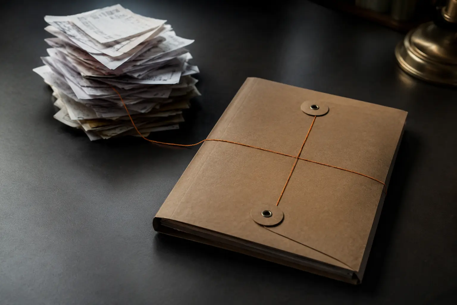 Closed blank review folder beside an amber evidence marker